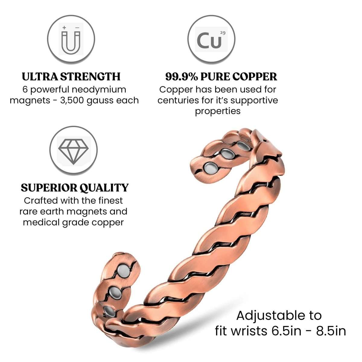Copper magnetic therapy bracelet bangle with round magnetic insets on twisted links