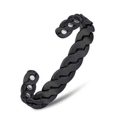 Black magnetic therapy bracelet bangle with twisted links and circular magnetic insets