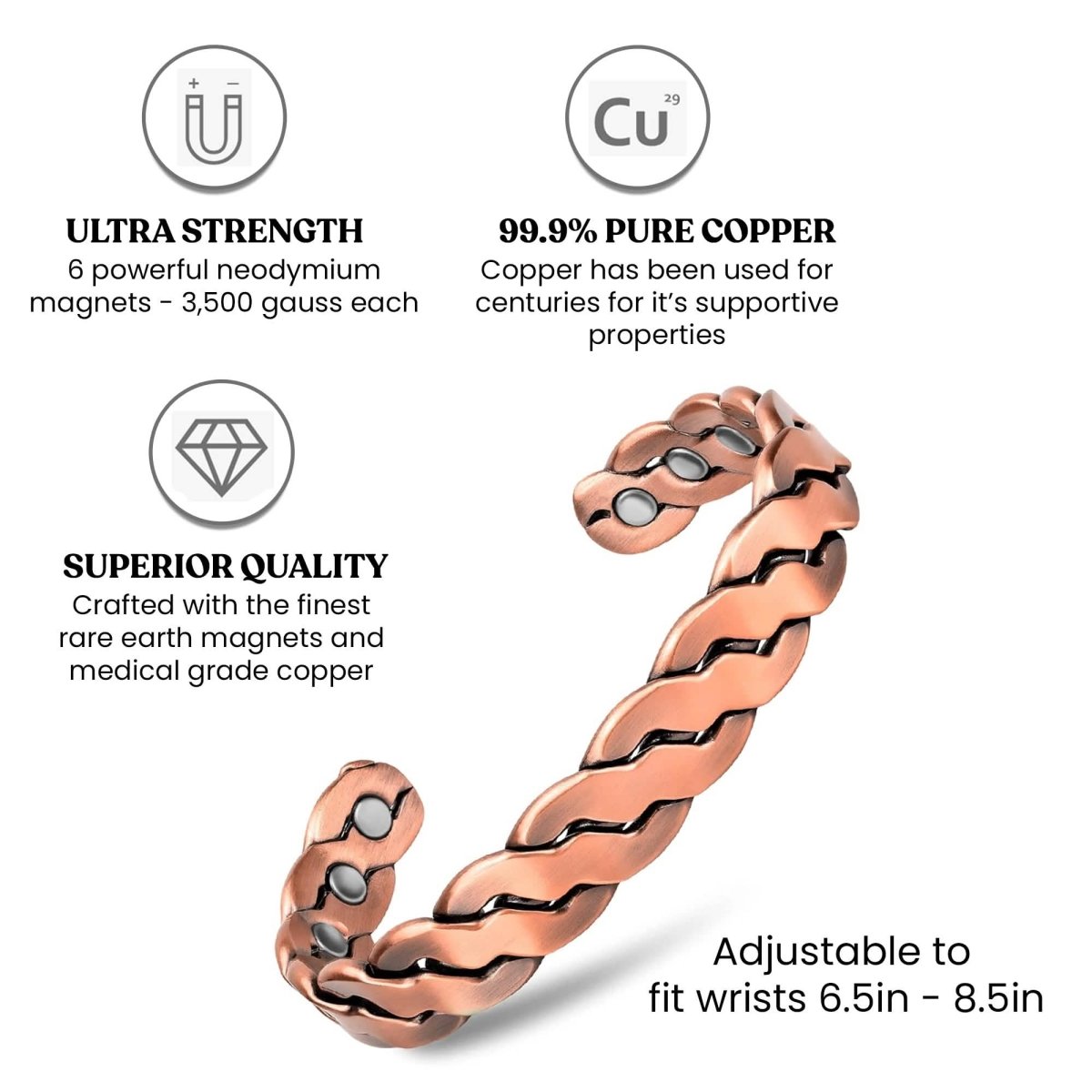 Adjustable Cuff Copper Magnetic Therapy Bracelet Bangle for Men and Women Twisted Design - Cartsfy Inc.