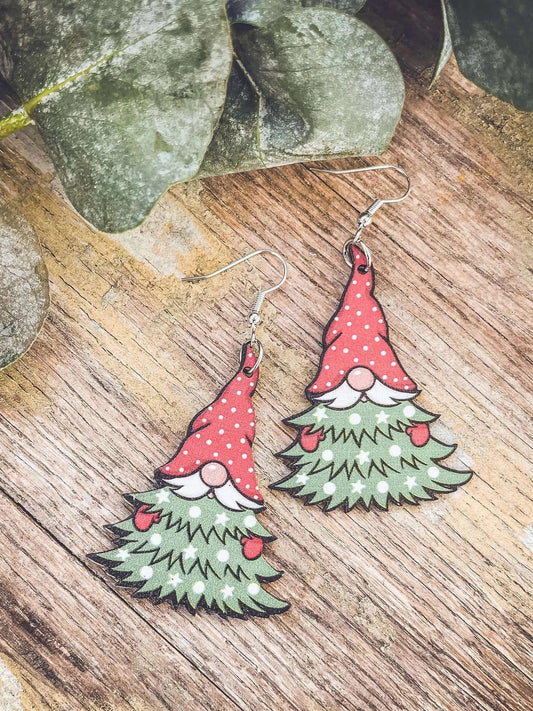 Adorable Gnome Christmas Tree Wooden Drop Earrings Rooted Home Goods Default Title Default Title-