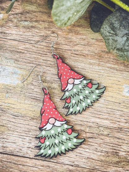 Adorable Gnome Christmas Tree Wooden Drop Earrings Rooted Home Goods Default Title Default Title-