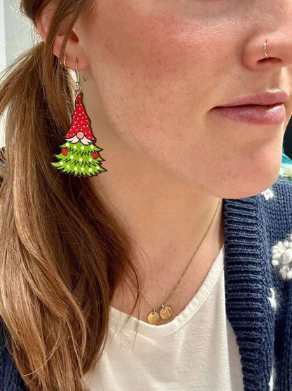 Adorable Gnome Christmas Tree Wooden Drop Earrings Rooted Home Goods Default Title Default Title-