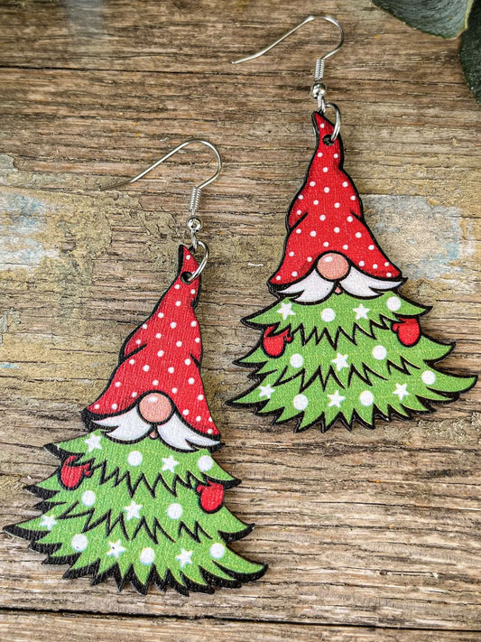 Adorable Gnome Christmas Tree Wooden Drop Earrings Rooted Home Goods Default Title Default Title-