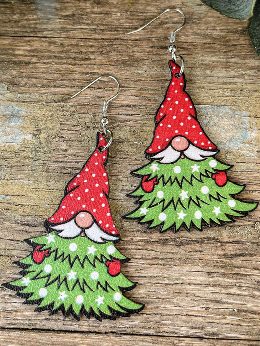 Adorable Gnome Christmas Tree Wooden Drop Earrings Rooted Home Goods Default Title Default Title-