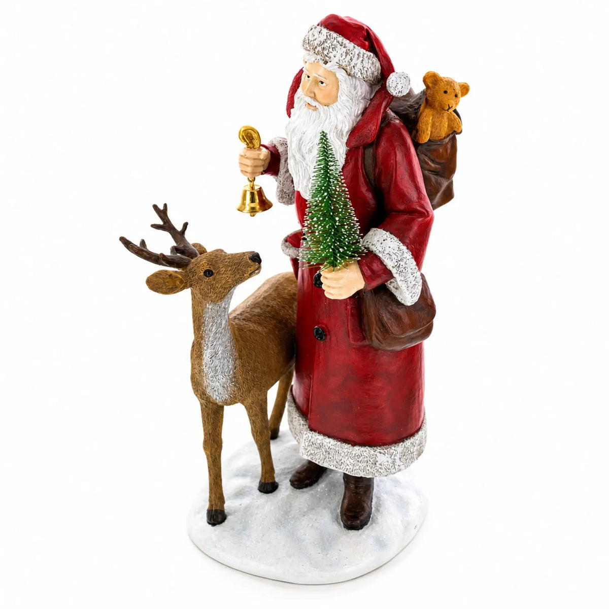 Santa Holding Christmas Tree and Bell by Reindeer Figurine 12 Inches