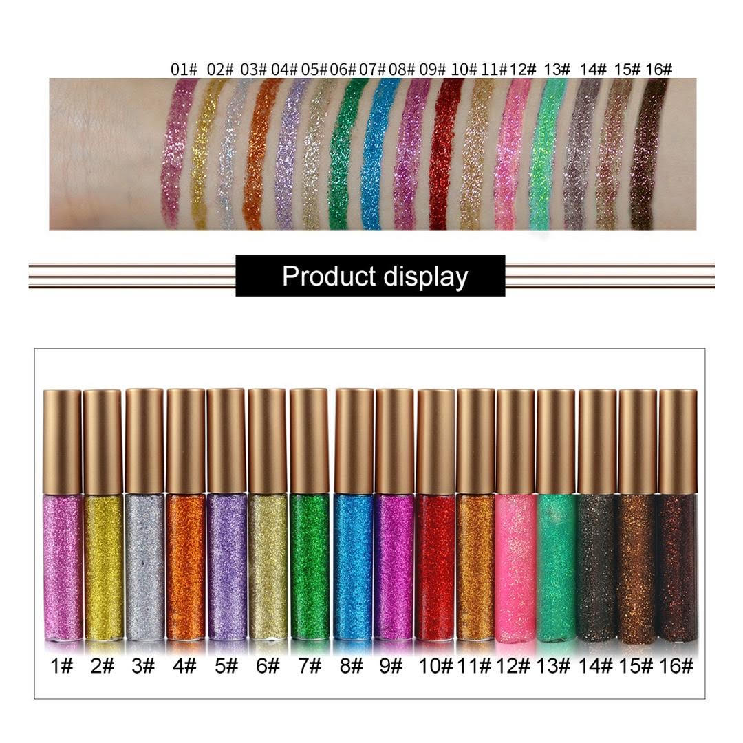 Glitter eyeliner color chart with multiple shades labeled 1#–16#