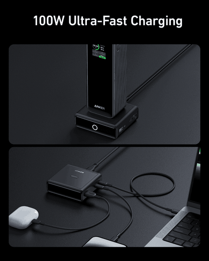 Anker 100W charging base with front LED button and side USB-C ports