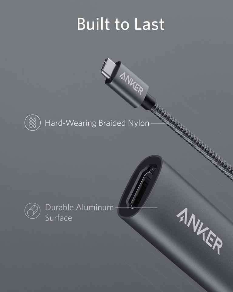 Anker USB-C to HDMI adapter with braided nylon cable and aluminum body, black