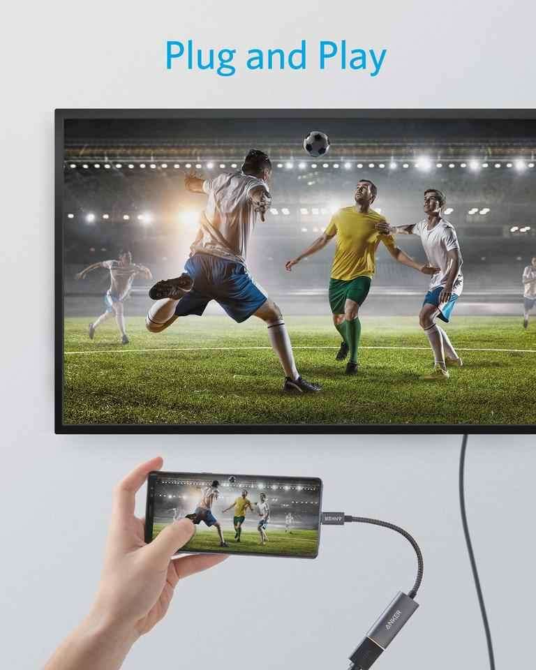Anker USB-C to HDMI adapter connected to a small display, black