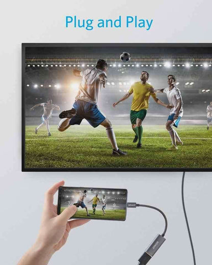 Anker USB-C to HDMI adapter connected to a small display, black