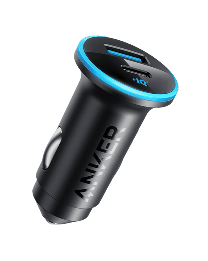 Anker car charger with blue LED ring, USB port on black cylindrical body