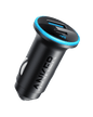 Anker car charger with blue LED ring, USB port on black cylindrical body