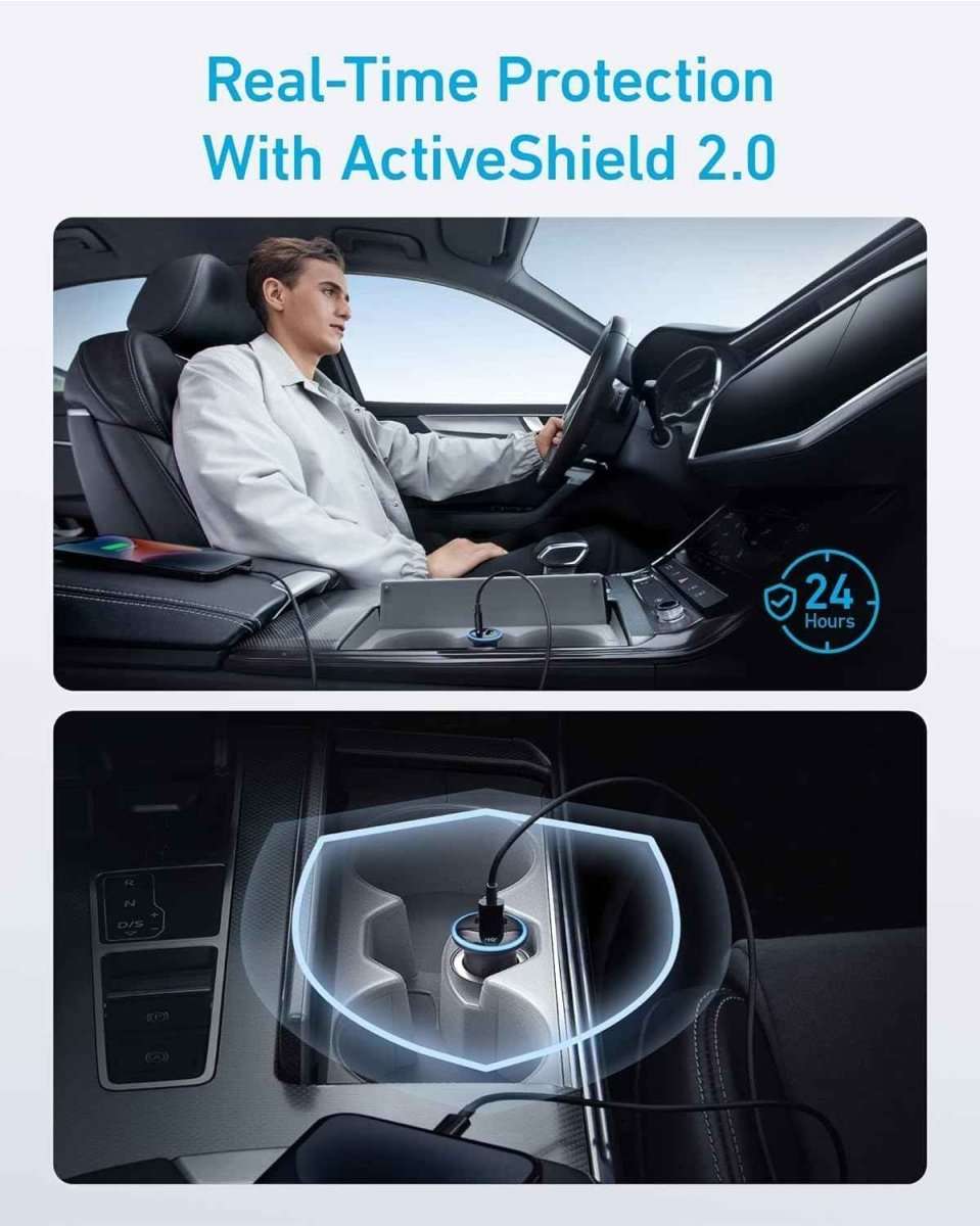 Anker car charger with USB connection and protection shield shown in car interior
