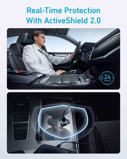 Anker car charger with USB connection and protection shield shown in car interior
