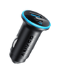 Anker car charger with blue LED ring, USB port on black cylindrical body
