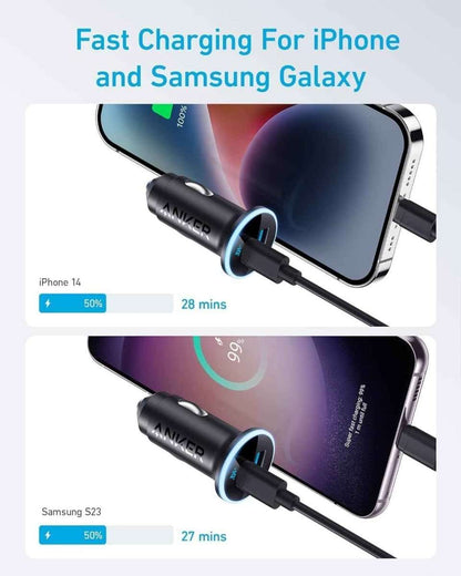 Anker car charger connected to a smartphone, blue-lit USB tip