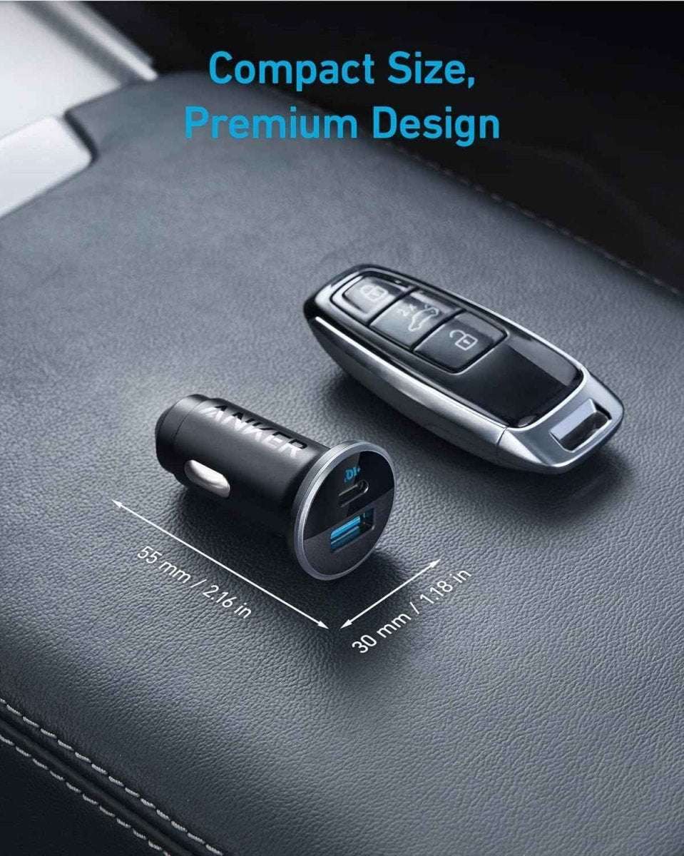 Compact Anker car charger with blue-lit USB port, shown with size measurements