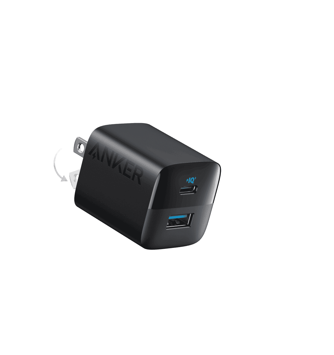 Black wall USB charger with dual ports and compact angled body