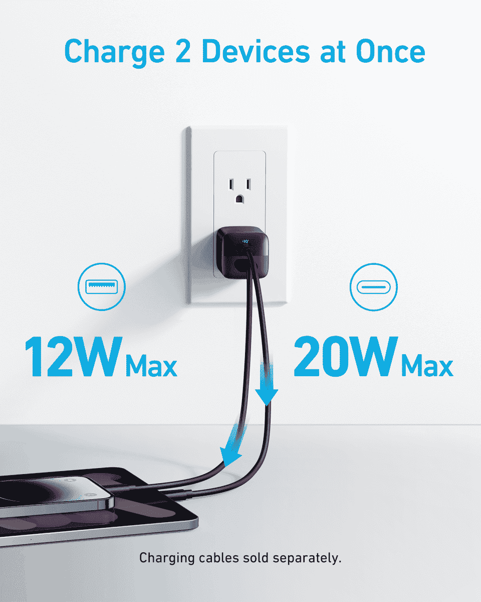 Wall USB charger with two charging cables connected to devices