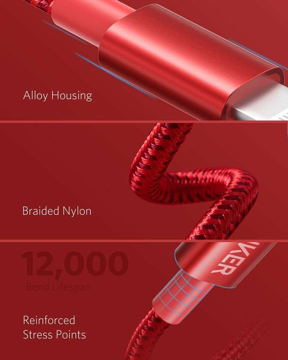 Red USB-C to Lightning cable with alloy housing and reinforced braided nylon