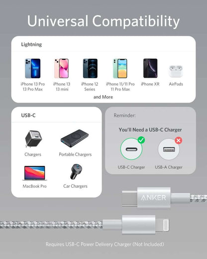 Red braided USB-C to Lightning cable with USB-C connector and Lightning plug visible