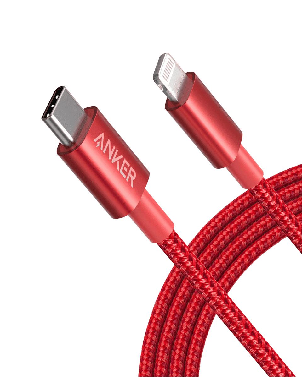 Red USB-C to Lightning cable with aluminum connectors and braided nylon sheath