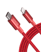 Red USB-C to Lightning cable with aluminum connectors and braided nylon sheath