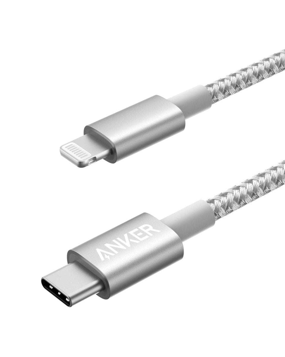Silver USB-C to Lightning cable with braided jacket and metal USB-C and Lightning connectors