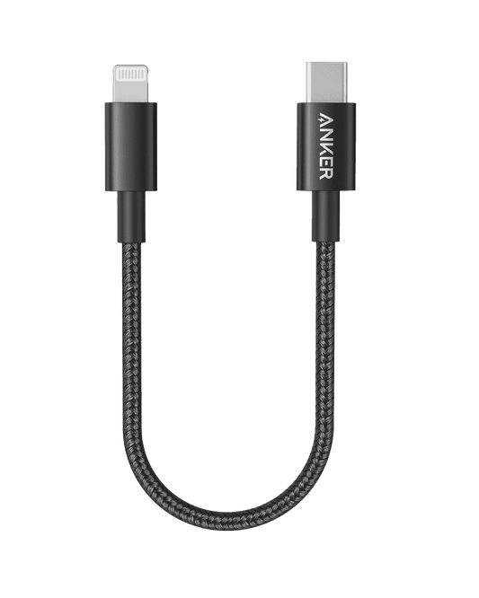 Black USB-C to Lightning cable with braided nylon jacket and USB-C and Lightning tips
