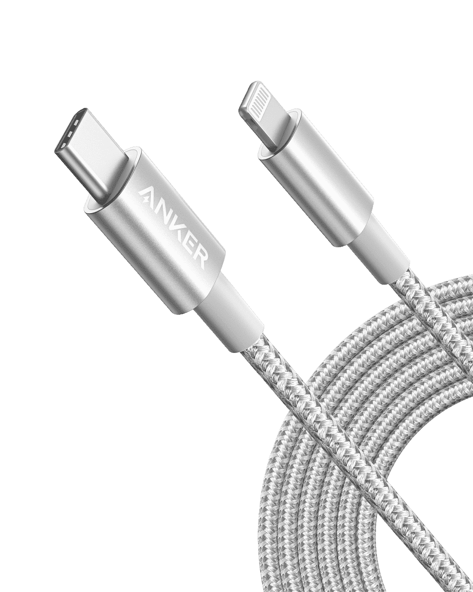 Silver USB-C to Lightning cable with metal connectors and braided nylon sleeve