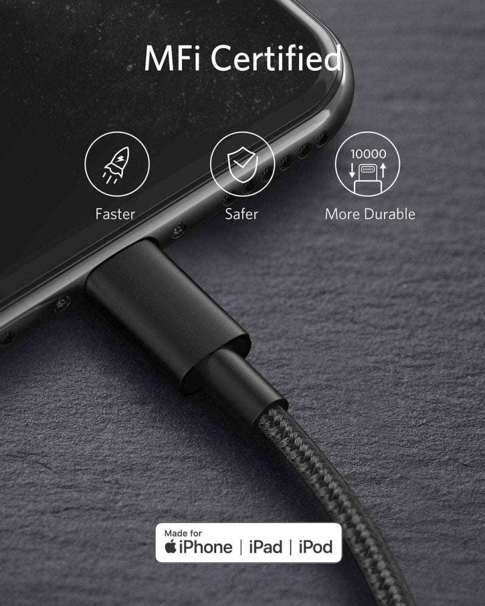Black USB-C to Lightning cable connector end with braided strain relief and metal plug