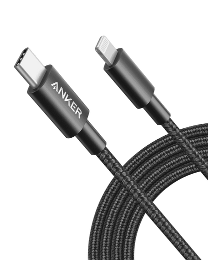 Black USB-C to Lightning cable with angled USB-C and Lightning plugs, braided jacket