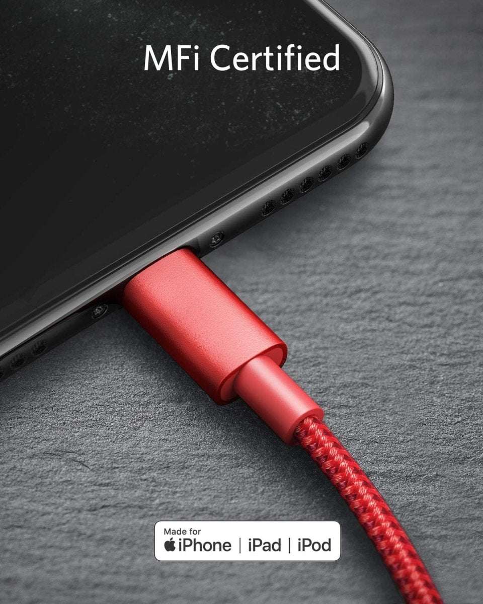 MFi-certified USB-C to Lightning cable with red braided sheath