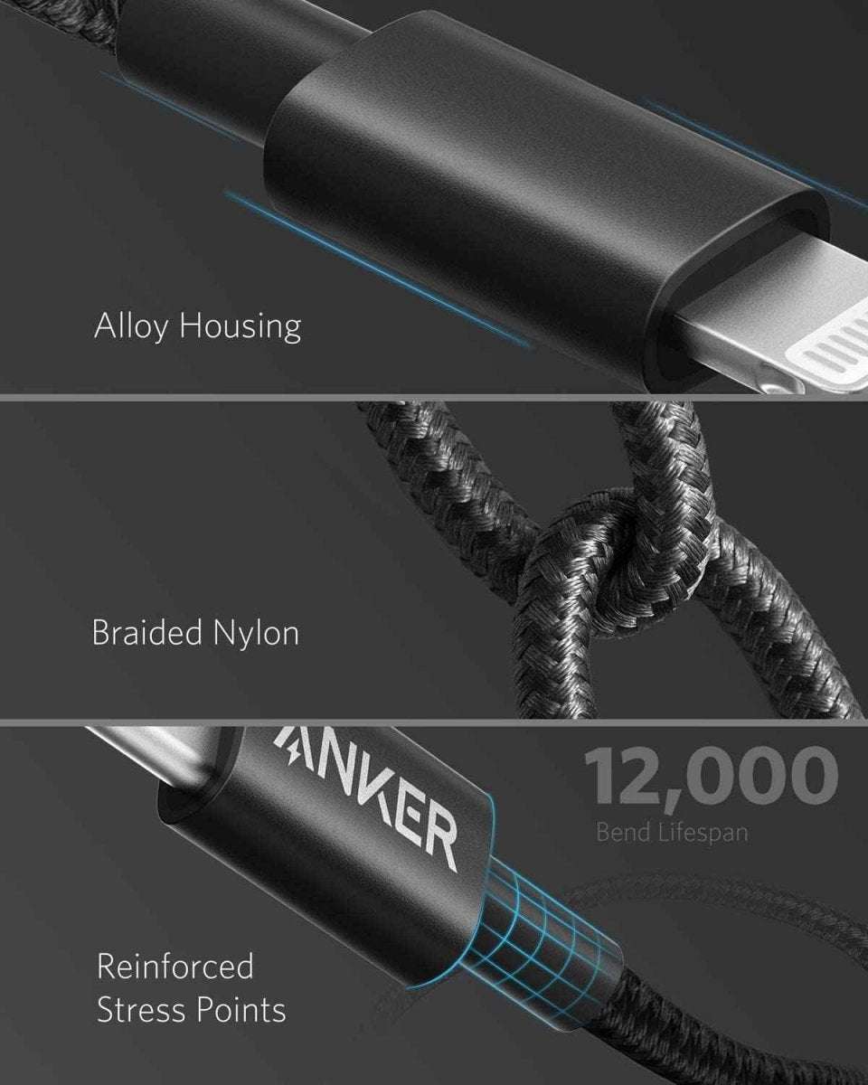 Black USB-C to Lightning cable with alloy housing, braided nylon, reinforced stress points