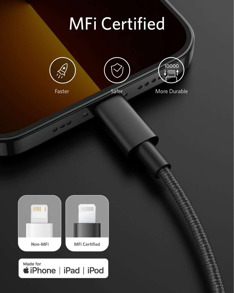 USB-C to Lightning cable with MFi-certified Lightning connector and textured strain relief