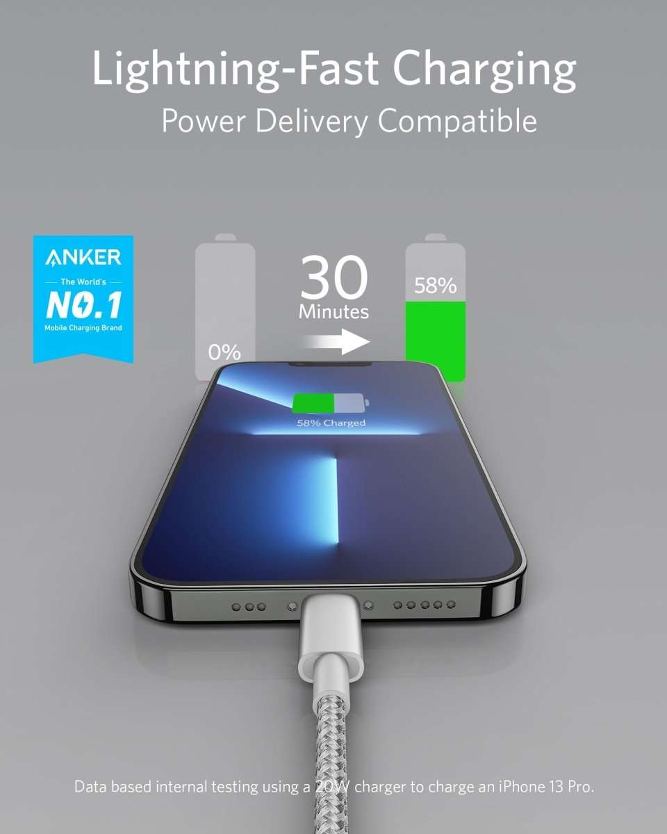 White USB-C to Lightning cable connected to a device with Lightning connector