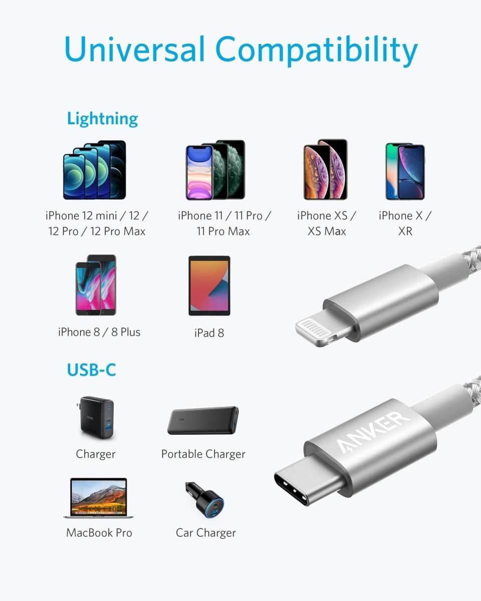 USB-C to Lightning cable shown with universal compatibility for Lightning devices and USB-C chargers