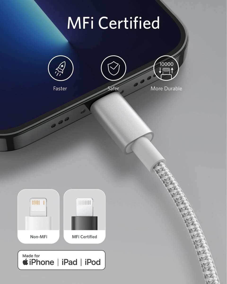 Anker USB-C to Lightning cable, silver braided nylon with Lightning connector, MFi certified