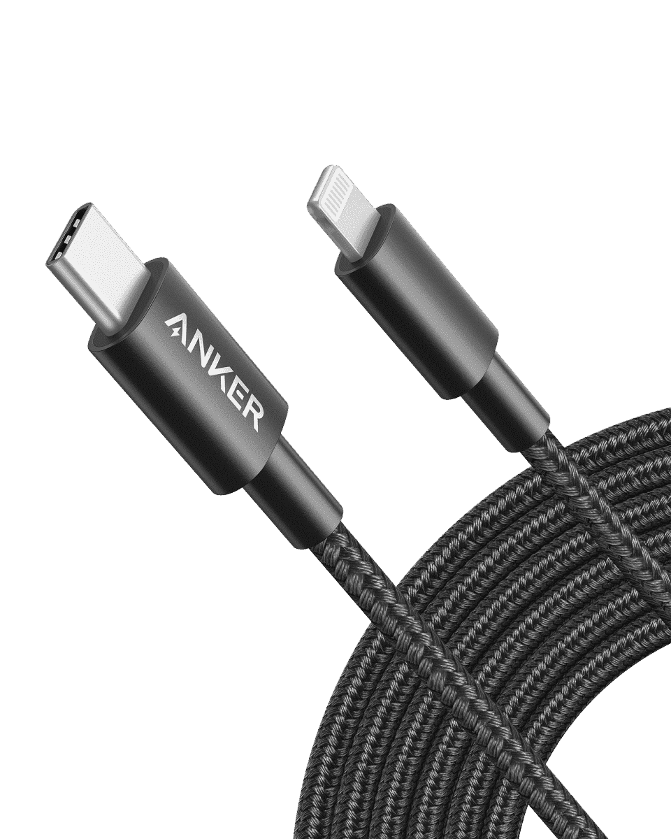 Black USB-C to Lightning cable with braided nylon and metal Lightning connector