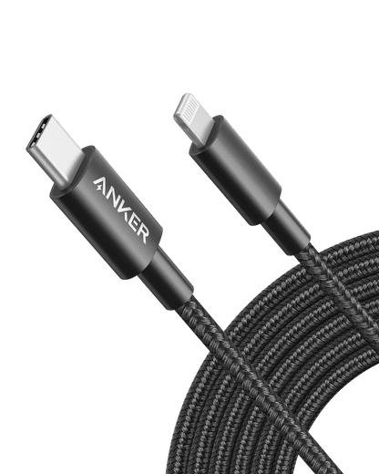 Black USB-C to Lightning cable with braided nylon and metal Lightning connector