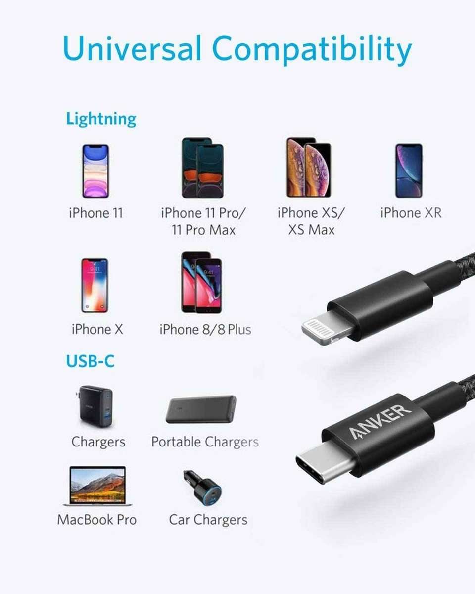 Black USB-C to Lightning cable with USB-C plug and Lightning plug shown