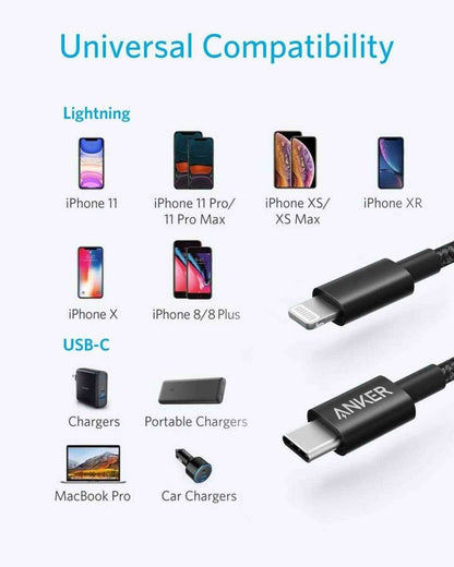 Black USB-C to Lightning cable with USB-C plug and Lightning plug shown
