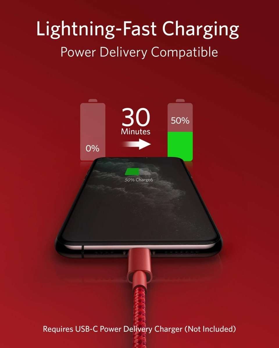 USB-C to Lightning cable charging a smartphone with a red braided connector