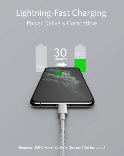 USB-C to Lightning cable for fast charging, with Lightning connector plugged into a phone