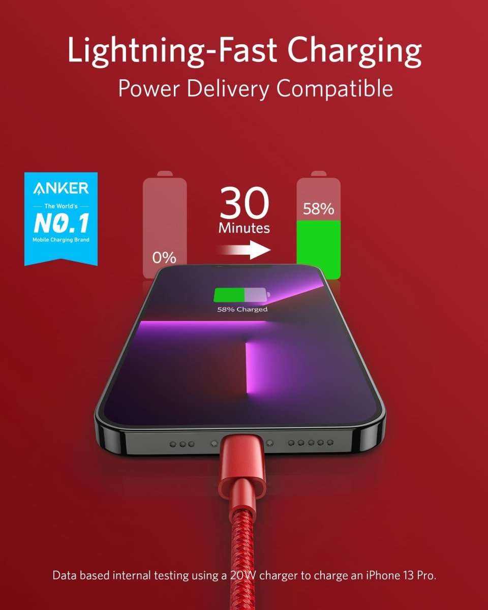 Anker USB-C to Lightning cable, red Lightning connector on braided cord