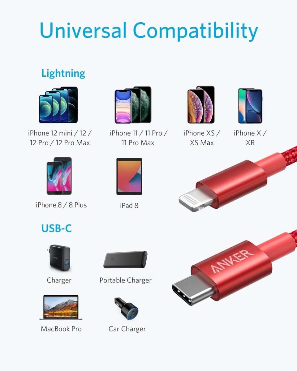 Red USB-C to Lightning cable with Lightning and USB-C connectors