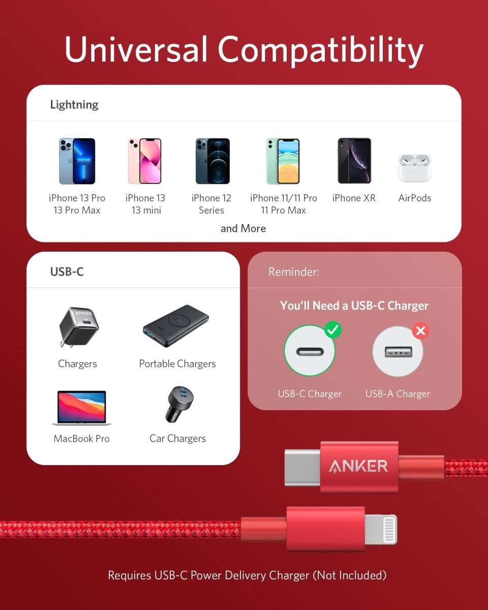 Red braided USB-C to Lightning cable with USB-C connector and Lightning tip