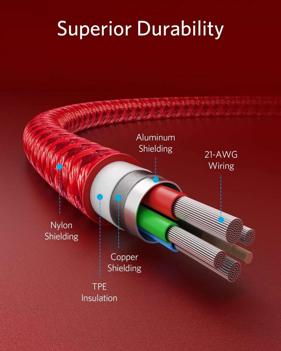 Red USB-C to Lightning cable cross-section with copper, shielding layers, and insulation