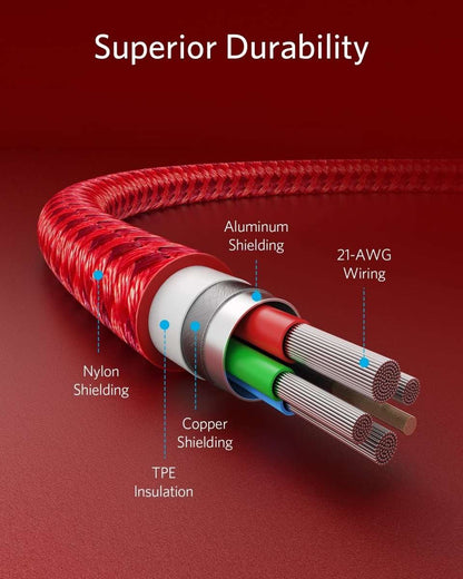Red USB-C to Lightning cable cross-section with copper, shielding layers, and insulation