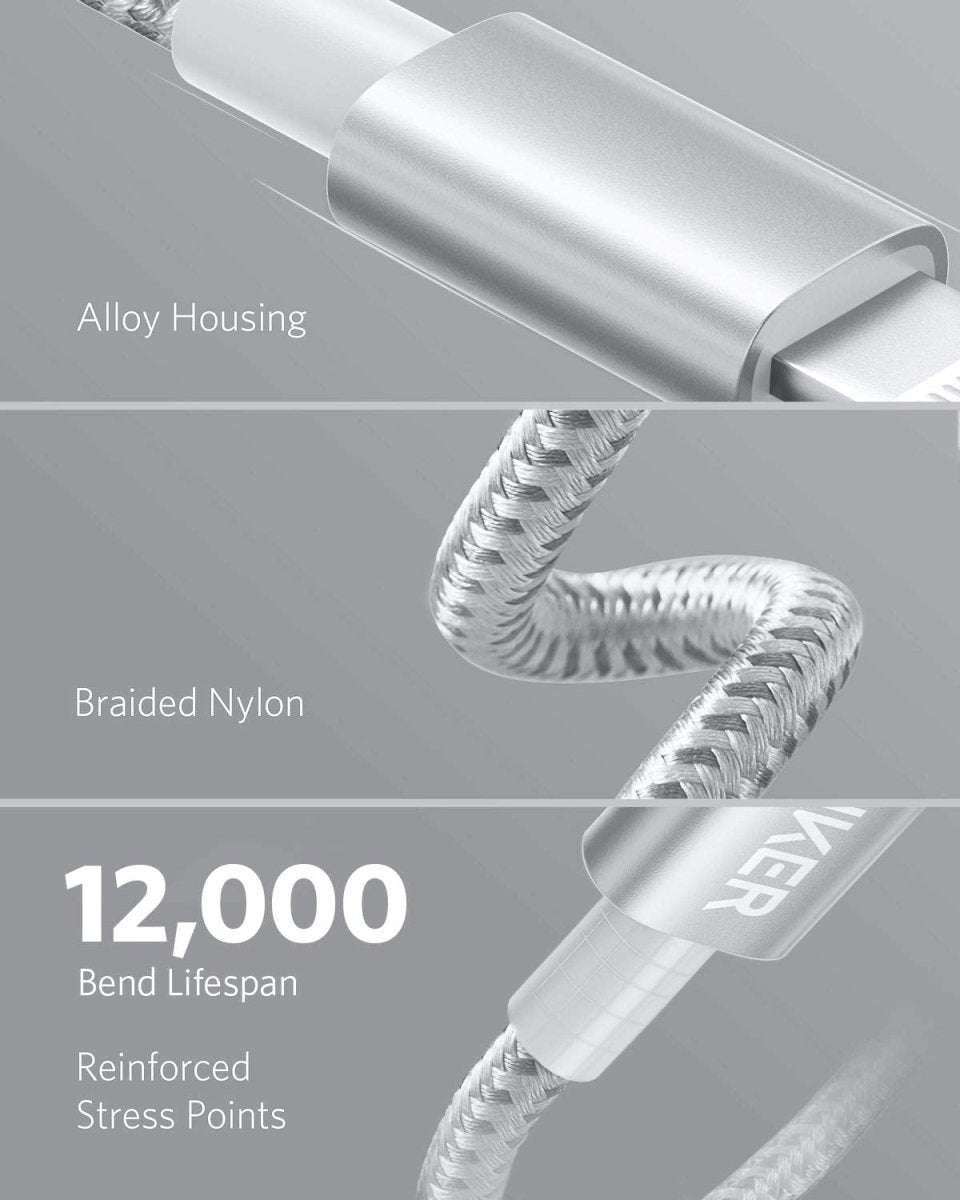 USB-C to Lightning cable with alloy housing, braided nylon, and 12,000 bend lifespan rating